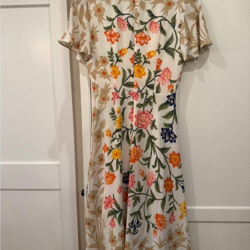 Maggy London Floral Midi Dress with Orange and Pink Accents